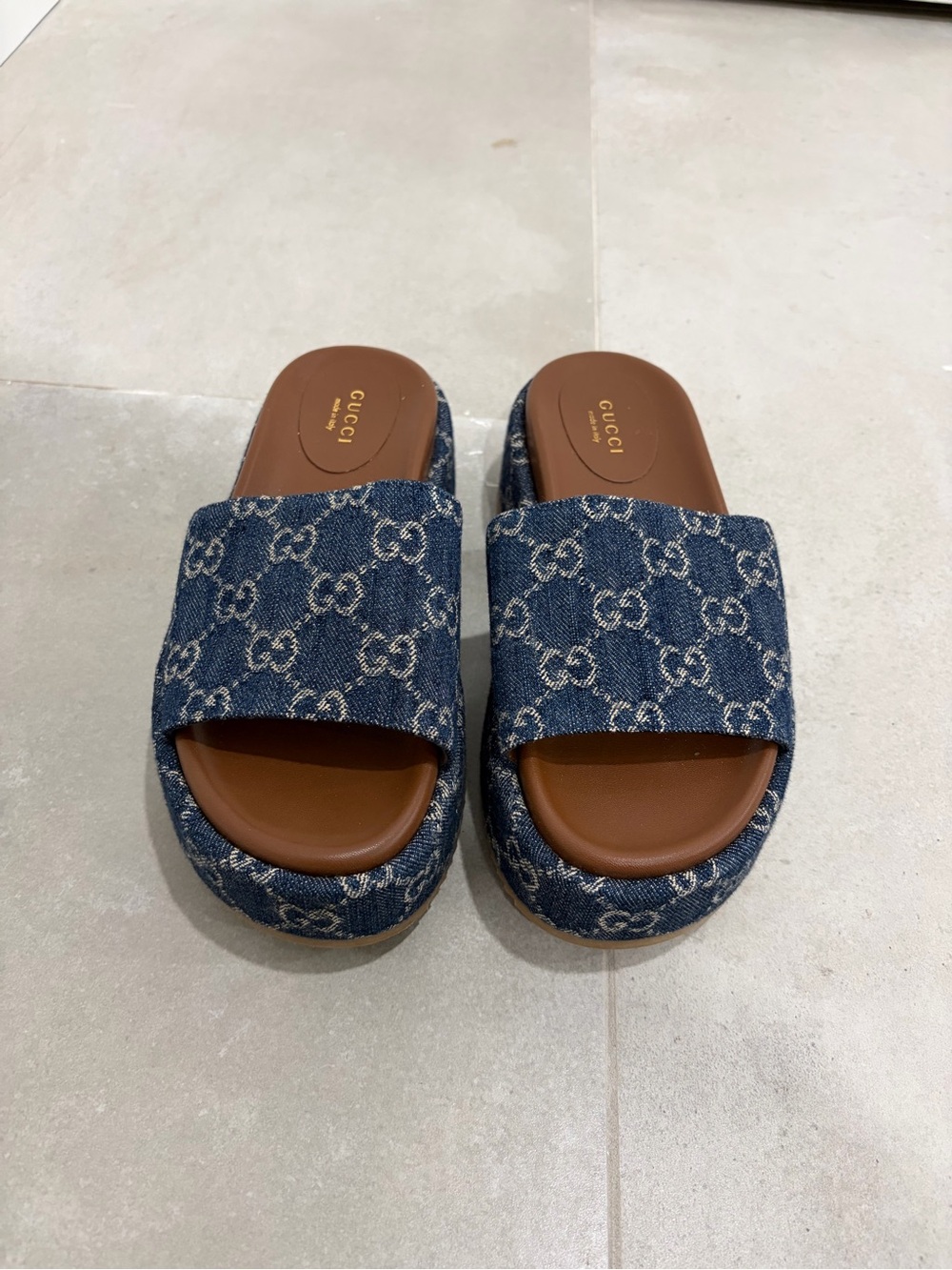 Gucci Denim GG Monogram Brown Leather Platform Slides